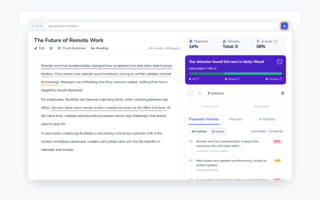 Report overview: plagiarism, remarks and AI Score in one view