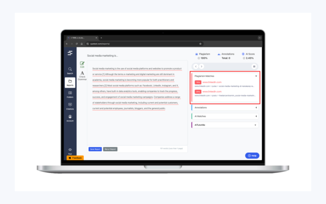 Plagiarism report on a laptop